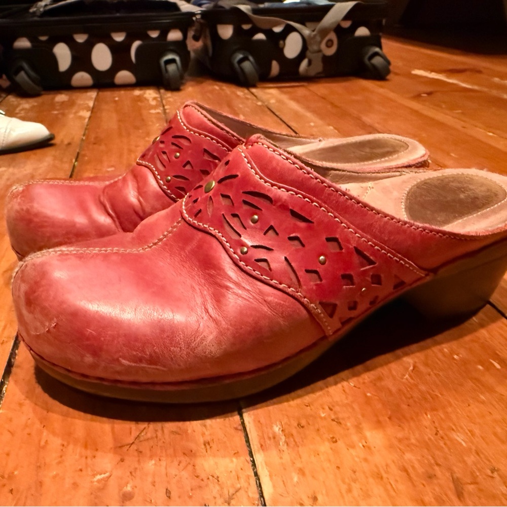 Dansko Red Leather Mules with Cutout Design